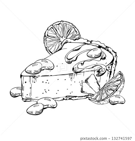 Bright orange slices atop cheesecake, chocolate bonbons, and syrup drizzle topping in vector ink. Isolated hand drawn artwork. Menu covers, culinary blog visuals, seasonal packaging, holiday posters. 132741597