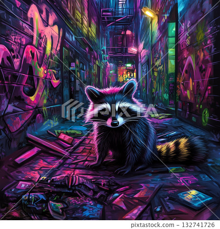 Cartoon raccoon with curious expression explores neon alley, surrounded by colorful graffiti, glowing lights, and scattered debris at night Cartoon raccoon with curious expression explores neon alley, surrounded by colorful graffiti, glowing lights, and scattered debris at night 132741726