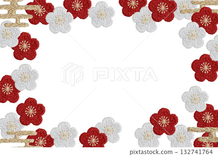 [Plum blossom square frame] Hand-embroidered illustration material 132741764