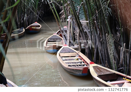 Scenery with rowboats going down a tributary of the Mekong River in Vietnam 132741776