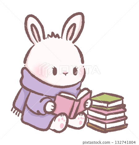 Cute Bunny Reading Book Kawaii Rabbit with Stack of Books Cozy Winter Scarf Illustration Adorable Animal Character Art for Book Lovers Stationery Stickers and Crafts 132741804