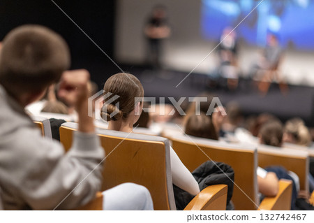 Interview and round table discussion at business convention and presentation. Audience at the conference hall. Business and entrepreneurship symposium. 132742467