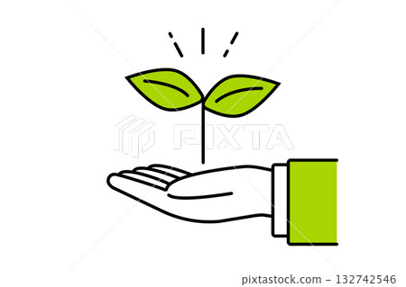 插圖描繪了一棵嫩芽和一位商人的手——企業形象，旨在解決環境問題 132742546