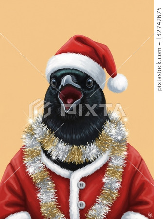 Funny magpie bird in a Santa Claus costume with an open beak. Festive Christmas illustration of a singing animal character 132742675