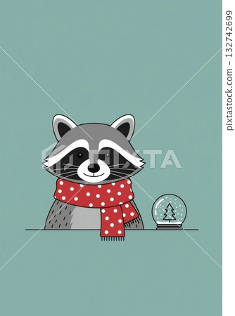 A cute cartoon raccoon wearing a festive winter scarf. Minimalist holiday illustration with a Christmas snow globe and copy space on a jade background 132742699
