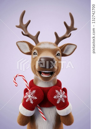 Cute smiling reindeer character wearing a red sweater and mittens with a candy cane. Vertical 3D illustration for Christmas and winter holidays 132742700