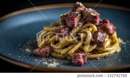 carbonara pasta with beef bacon 132742789