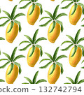 Tropical mango fruit pattern. Hand-drawn watercolor illustration. 132742794