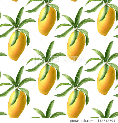 Tropical mango fruit pattern. Hand-drawn watercolor illustration. Tropical mango fruit pattern. Hand-drawn watercolor illustration. 132742794