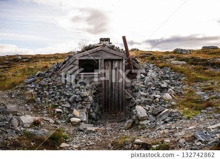 Old wooden mountain shelter built from stones in Lapland Finland Old wooden mountain shelter built from stones in Lapland Finland 132742862