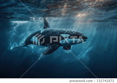 A majestic killer whale gracefully swims beneath the clear sea water, surrounded by the penetrating rays of the sun. A majestic killer whale gracefully swims beneath the clear sea water, surrounded by the penetrating rays of the sun. 132742872