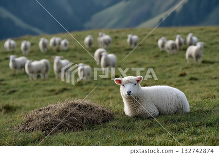 Young well-groomed lambs graze in a field. 132742874