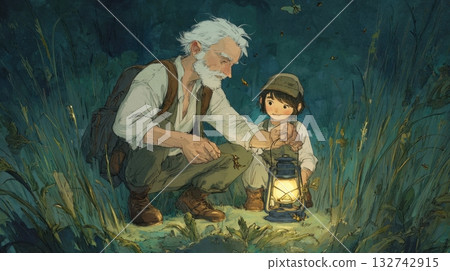 夏夜，爺爺和一個男孩在燈籠的照耀下觀察昆蟲。 132742915