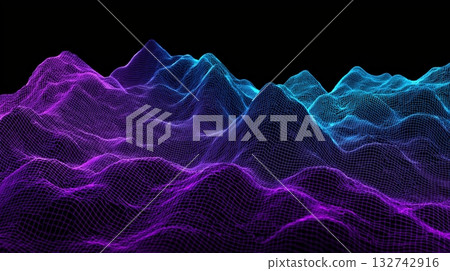 用紫色和藍色線框繪製的抽象波浪狀未來空間 132742916