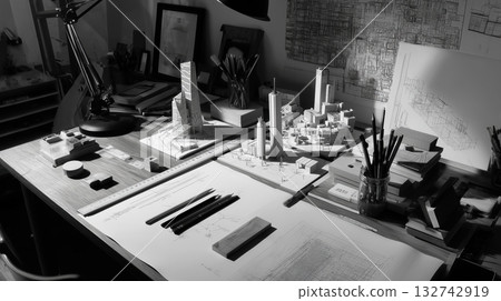一個單色調的設計工作空間，裡面擺滿了建築模型和藍圖。 132742919