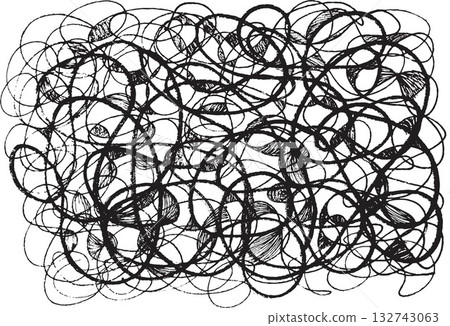 Abstract scribble artwork with overlapping lines and shapes, evoking feelings of chaos and complexity 132743063