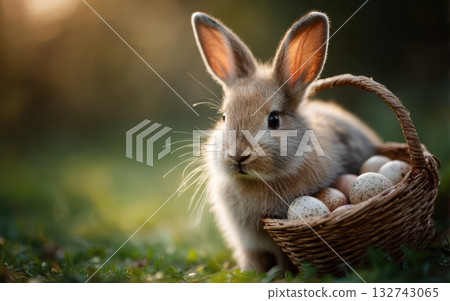 a cute baby bunny carrying an easter basket a cute baby bunny carrying an easter basket 132743065
