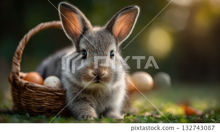a cute baby bunny carrying an easter basket 132743087