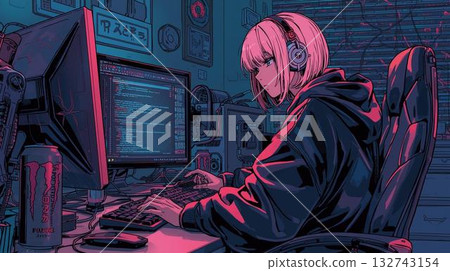 一位粉紅色頭髮的女程式設計師在賽博龐克風格的房間裡編寫程式碼。 132743154