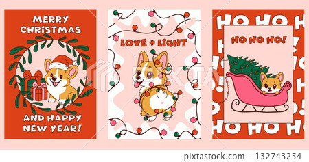 Set of festive cartoon Corgi Christmas greeting cards with Santa hats, gift boxes, Christmas lights, wreath, sleigh and holiday messages on red and pink backgrounds Set of festive cartoon Corgi Christmas greeting cards with Santa hats, gift boxes, Christmas lights, wreath, sleigh and holiday messages on red and pink backgrounds 132743254