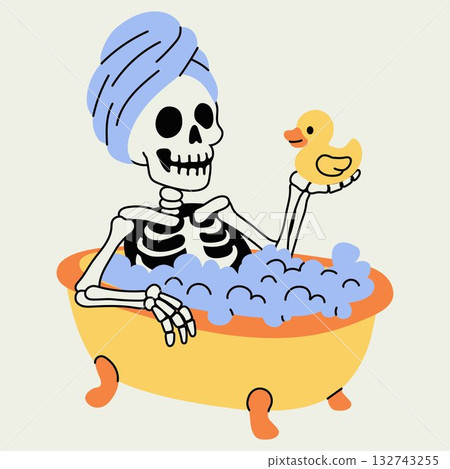 Funny Skeleton Taking a Bubble Bath with Rubber Duck 132743255