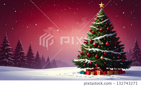 酒紅色背景上的聖誕樹和禮盒 酒紅色背景上的聖誕樹和禮盒 132743271