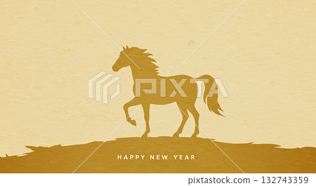 Golden horse silhouette and English New Year message background 132743359