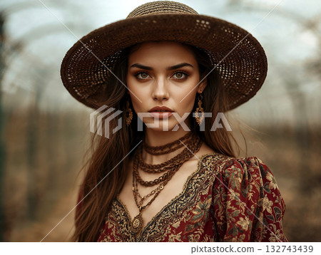 Portrait of a beautiful bohemian woman wearing a straw hat, ethnic dress, and layered necklaces. Fashion, travel, or vintage style concept with a soft-focus background. 132743439