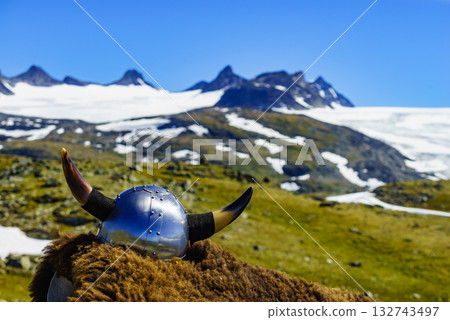 Viking helmet on mountain nature Norway Viking helmet on mountain nature Norway 132743497