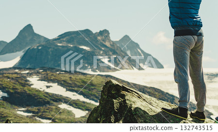Tourist hiker in Norway mountains Tourist hiker in Norway mountains 132743515