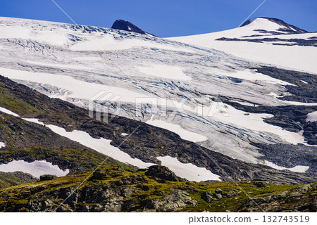 Mountains with ice glacier. Road Sognefjellet, Norway 132743519