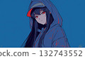 插圖描繪了一個紅眼睛的女性角色，她戴著帽子和連帽衫。 132743552