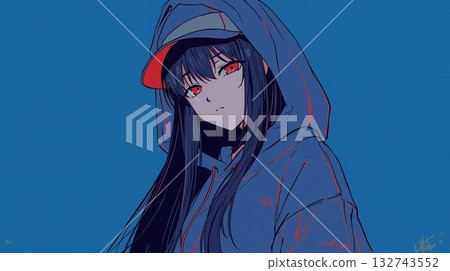 Illustration of a female character with red eyes wearing a cap and hoodie 132743552