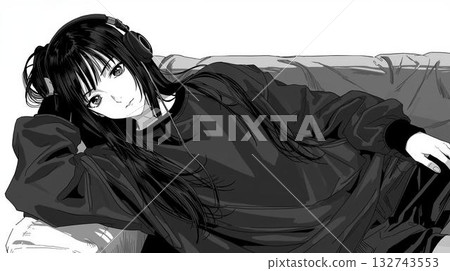Monochrome illustration of a black-haired woman lying down with headphones on 132743553