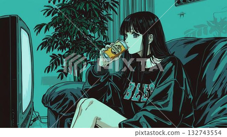 A woman relaxing in the living room drinking a can of beer 132743554