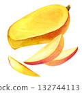 Mango. Hand-drawn watercolor illustration. For product presentation and menu design. 132744113