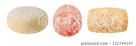set of blanks semi-finished products cutlets and pancake with filling, isolated on white background set of blanks semi-finished products cutlets and pancake with filling, isolated on white background 132744147