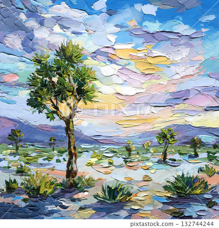 Impasto oil painting desert landscape with Joshua tree and colorful sunset sky textured palette knife artwork for wall decor Impasto oil painting desert landscape with Joshua tree and colorful sunset sky textured palette knife artwork for wall decor 132744244