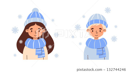 Winter Cute Girl and Boy in Hat and Scarf Under Snowflakes. Isolated Female and Male Child Portrait cozy seasonal character. Vector illustration. Kids collection. Not AI Winter Cute Girl and Boy in Hat and Scarf Under Snowflakes. Isolated Female and Male Child Portrait cozy seasonal character. Vector illustration. Kids collection. Not AI 132744246