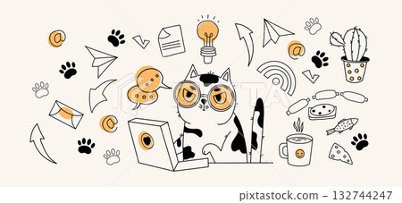 Cute Cat Working on laptop. Outline Freelancing, Work, Online Communication Doodles. Isolated Vector Hand Drawn Sketch. Not AI Cute Cat Working on laptop. Outline Freelancing, Work, Online Communication Doodles. Isolated Vector Hand Drawn Sketch. Not AI 132744247
