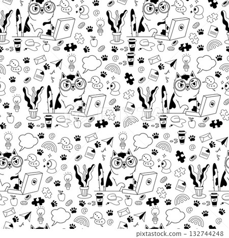 Seamless Pattern with Cute Cat Working on Laptop and Office Doodles. Black Work Character Hand Drawn on White Background. Vector illustration. Not AI 132744248