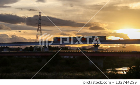 Golden sunset and the silhouette of the Tama Monorail Golden sunset and the silhouette of the Tama Monorail 132744259