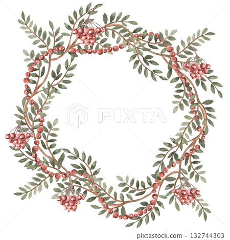 A wreath of green branches, rowan berries, and bunches of grapes. Isolated watercolor illustration for packaging design, interior decoration, posters, fabrics, and postcards. 132744303