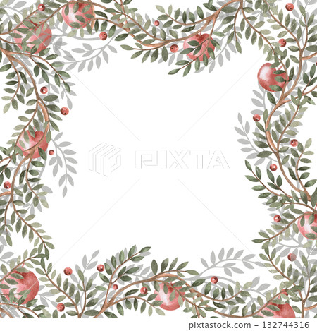 A square frame of green branches, juicy apples, and berries. Isolated watercolor illustration for packaging design, interior decoration, posters, fabrics, and postcards. 132744316