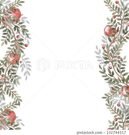 A square frame of green branches and juicy apples. Isolated watercolor illustration for packaging design, interior decoration, posters, fabrics, and postcards. A square frame of green branches and juicy apples. Isolated watercolor illustration for packaging design, interior decoration, posters, fabrics, and postcards. 132744317