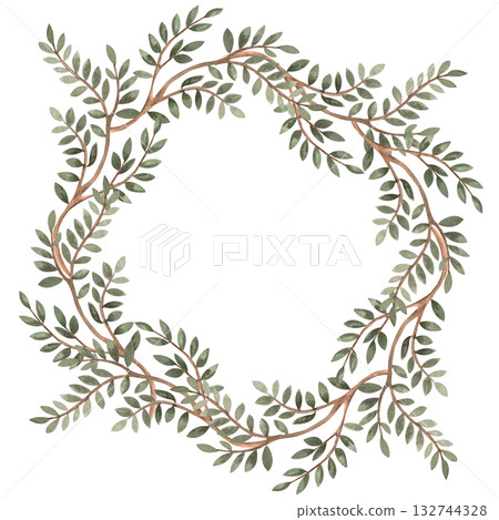 A wreath of green branches. Isolated watercolor illustration for packaging design, interior decoration, posters, fabrics, and postcards. A wreath of green branches. Isolated watercolor illustration for packaging design, interior decoration, posters, fabrics, and postcards. 132744328