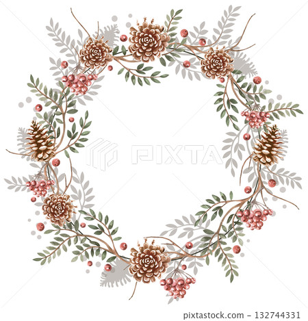 A wreath with branches, pine cones, and rowan berry clusters. Isolated watercolor illustration for Christmas packaging design, interior decoration, poster printing, fabric, and postcards. 132744331