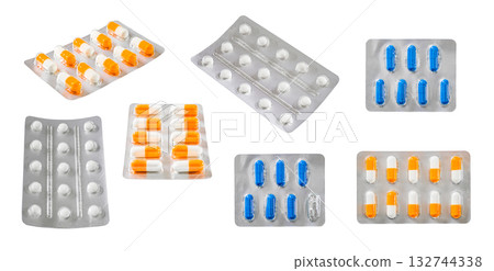 set blisters with medical tablets and capsules, isolated on white background 132744338