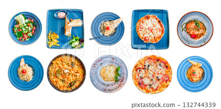 set of various cooked dishes, pizza, pasta, top view, isolated on white background set of various cooked dishes, pizza, pasta, top view, isolated on white background 132744339