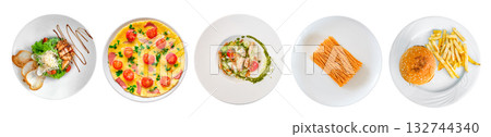 set of various cooked dishes on white plates, top view, isolated on white background set of various cooked dishes on white plates, top view, isolated on white background 132744340